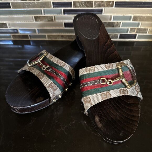 Monogram Natural Pigskin Web Horsebit Clog Slide Sandals 10 Beige Ebony Cocoa - Picture 4 of 12